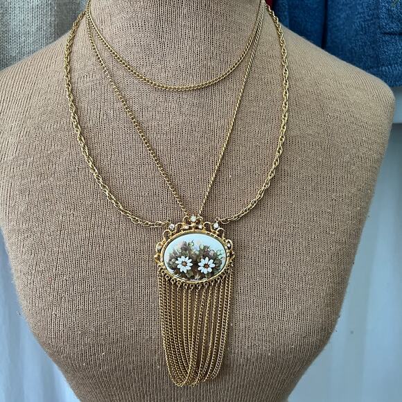 MCM gold tone multi tier chain tassel necklace painted cabochon Victorian revivl - Picture 1 of 8